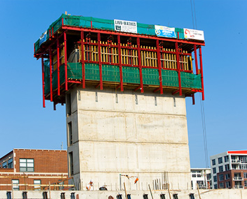Self-Riser climbing formwork system for elevator and stairwell core forming on high-rise construction projects
